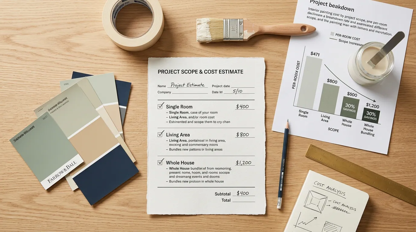 The per-room price drops as you paint more of the house, because the crew's fixe - interior painting cost