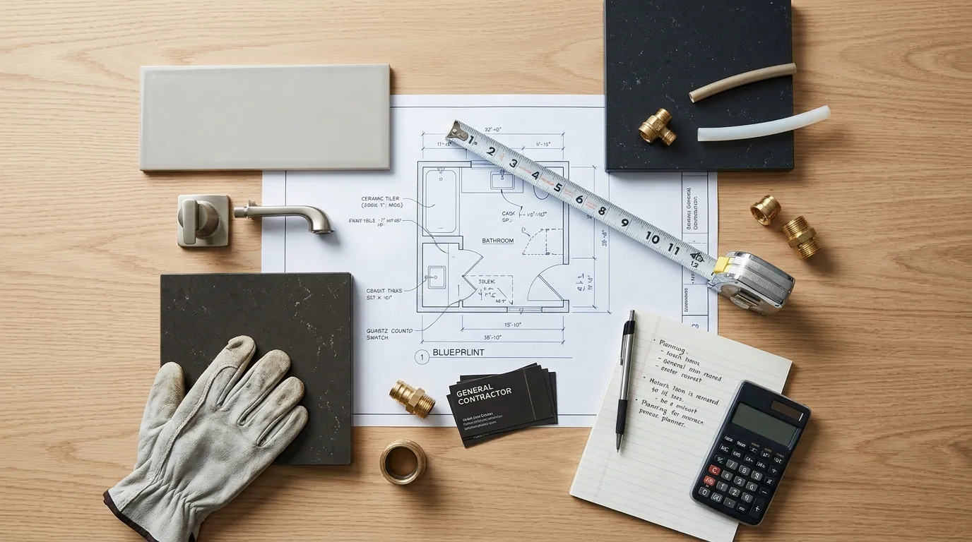 Bathroom floor plan with tile and countertop samples, a tape measure, a calculator, and contractor business cards laid out on a table