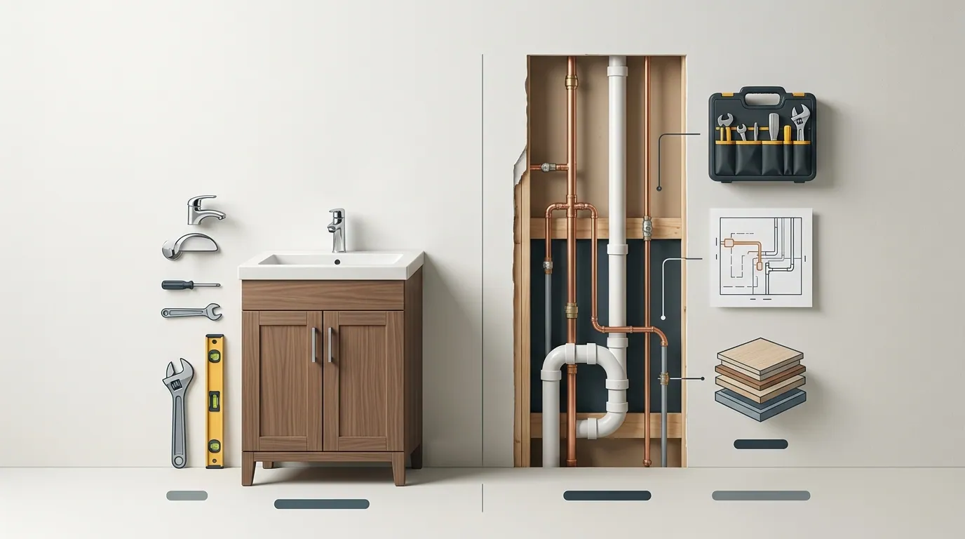Illustration of a bathroom vanity beside an open wall cavity showing the supply and drain plumbing behind it