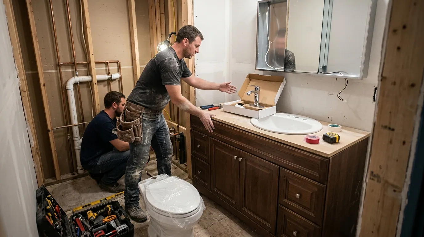 Two installers setting a new bathroom vanity cabinet, with the replacement faucet still boxed on the countertop