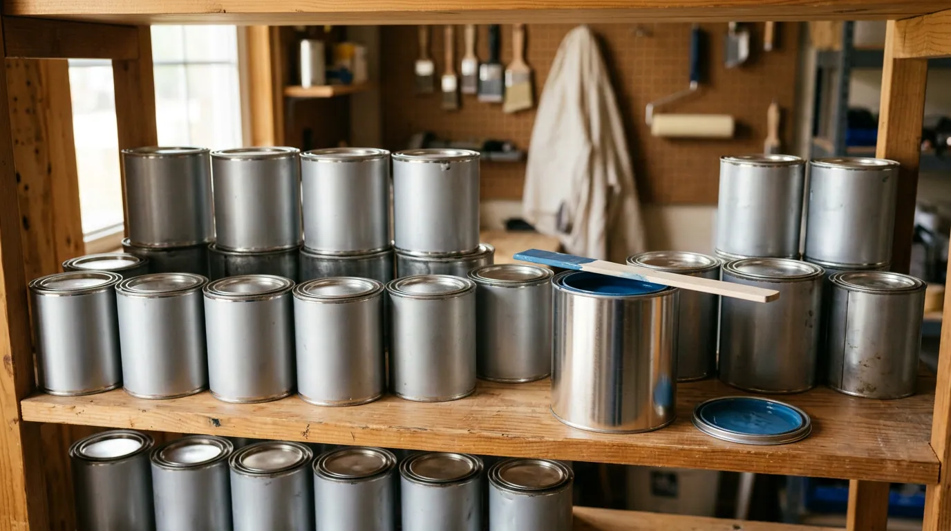 Paint cans lined up from builder grade to premium tier