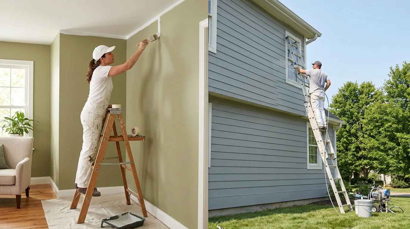 Interior and exterior painting crews working the same house at once