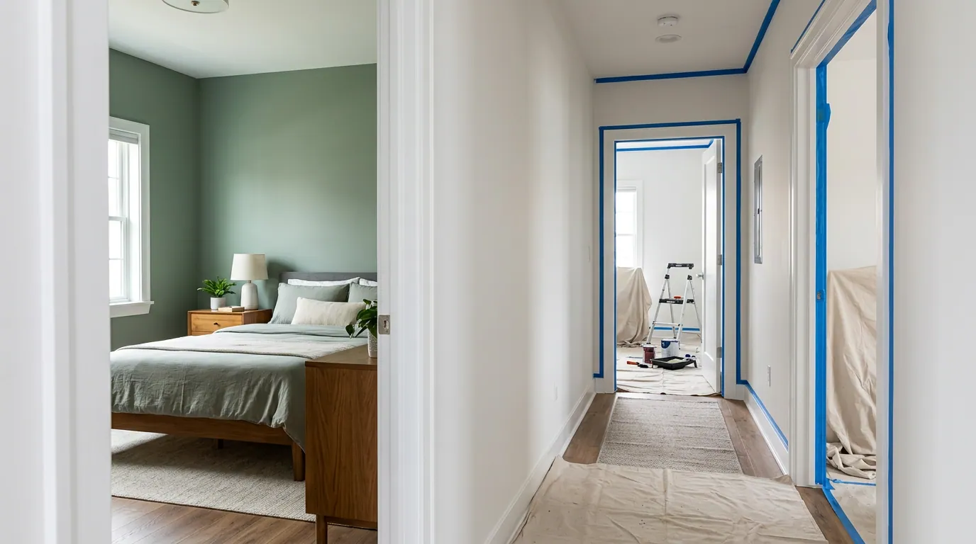 One repainted room beside a room still prepped for painting